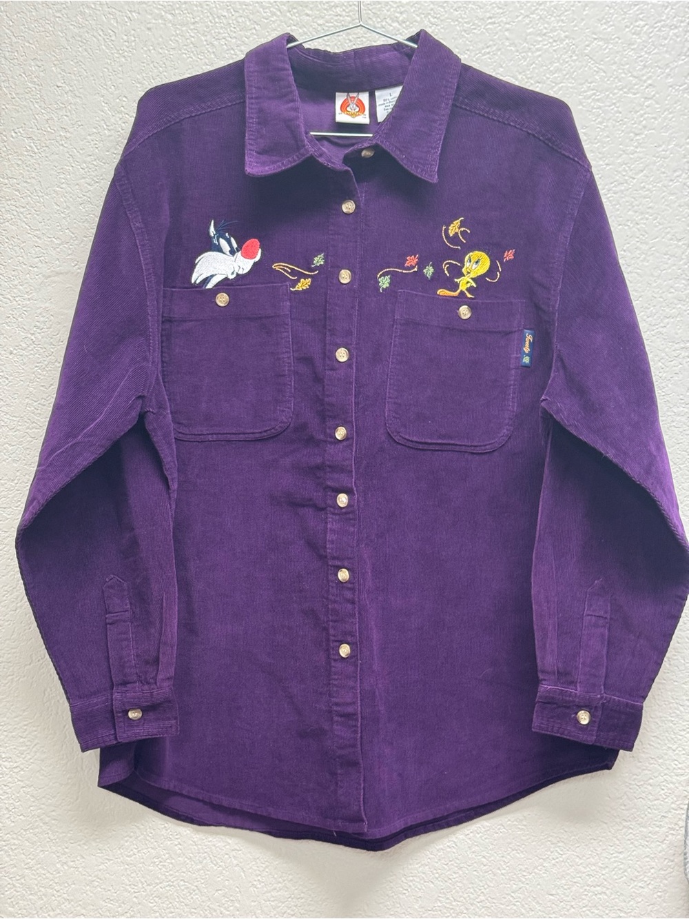 Twenty Purple Corduroy Button-Down Shirt Tweety & Sylvester Embroidery LG woman